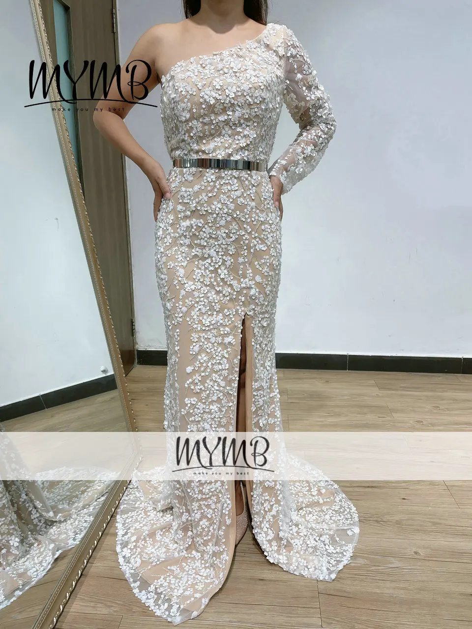 MYMB Haute Couture Long Sleeve One Shoulder Fitted Evening Lace Dress High Split Anniversary Dress For Women Party MY91101