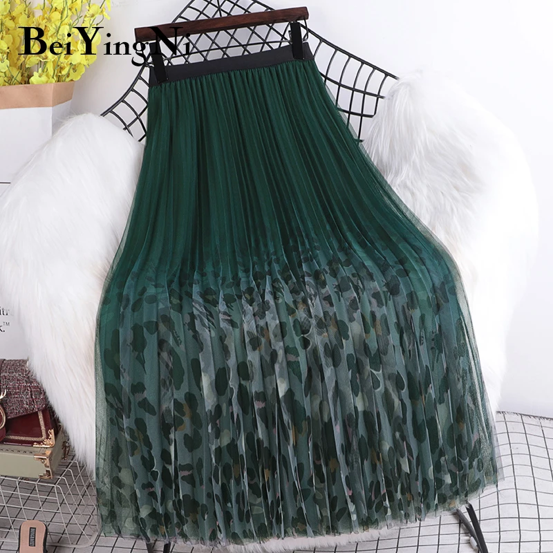 Beiyingni 2025 Women's Vintage High Waist A Line Pleated Long Skirts Leopard Printed Casual Streetwear Harajuku Skirt Female