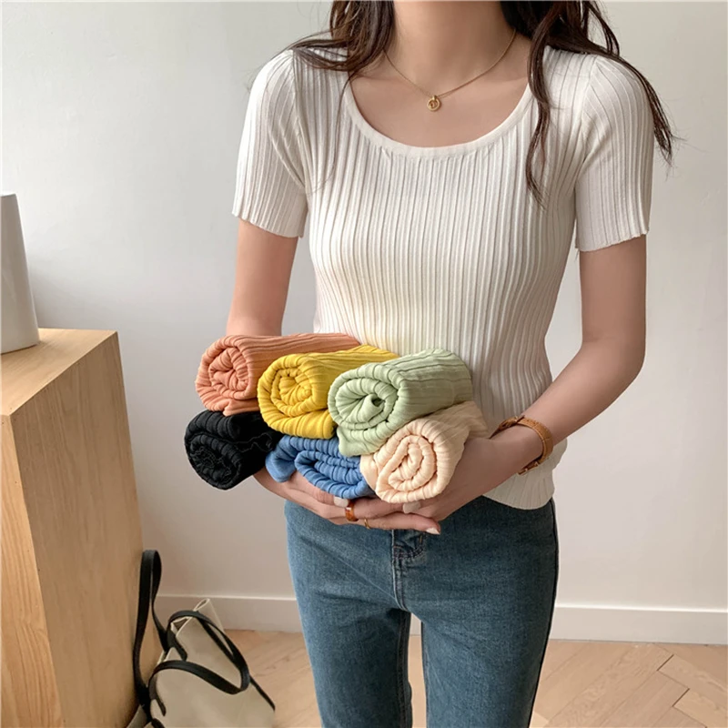 2021 Pullover knitted Short Sleeve knitted Sweater Women Spring Summer Slim Basic Solid Casual Base Female knitting shirts Korea