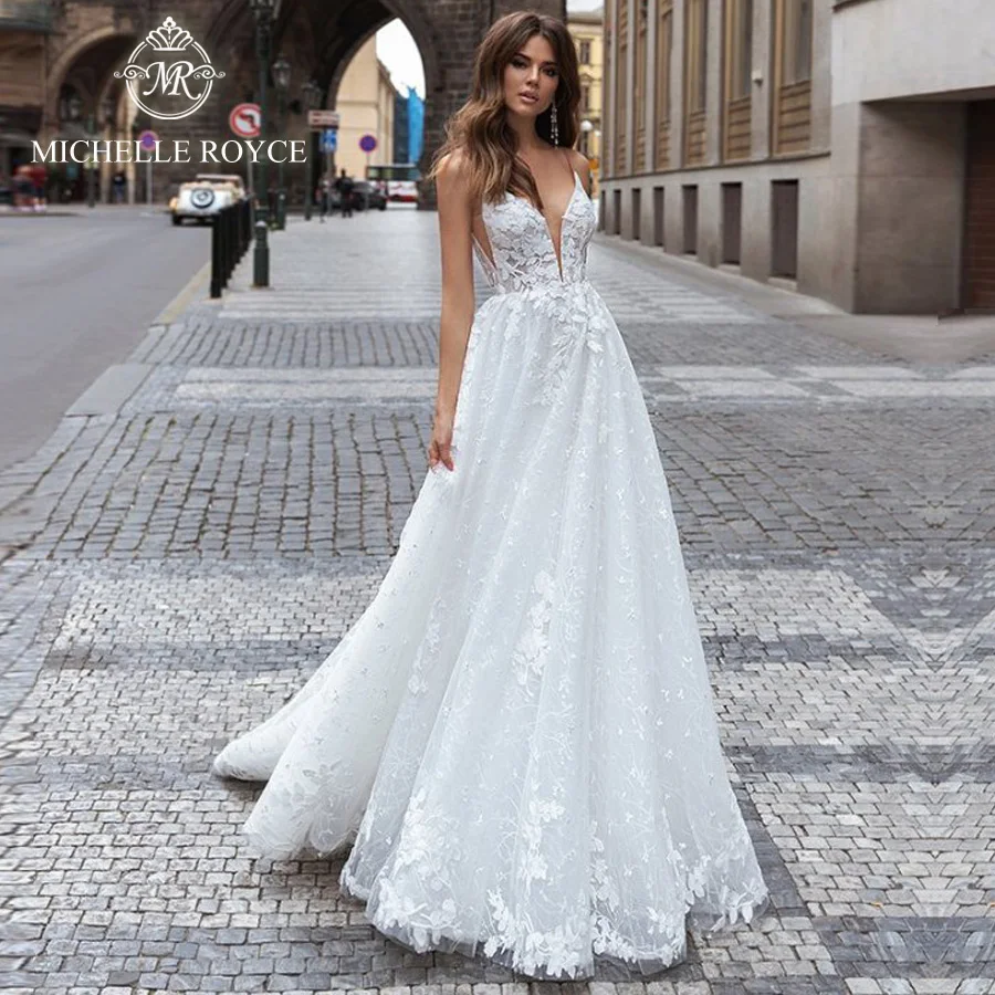 

Michelle Royce A-Ling Wedding Dresses 2024 Sexy Deep V-Neck Spaghetti Straps Backless Chapel Train Bride Gowns Vestido De Novia