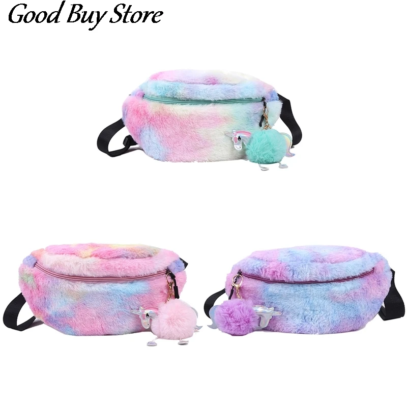 Colorful Fur Waist Bag 2021 Fashion Shoulder Belt Bags Women Phone Pouch Student Fanny Packs Plush Stuffed Pocket Unicorn Purse