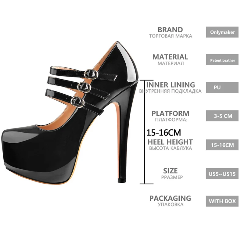 Onlymaker Women Mary Jane Platform Pumps Ankle Strap Stiletto 16cm Thin High Heels Dress Buckle Black Pink Big Size Party Shoes