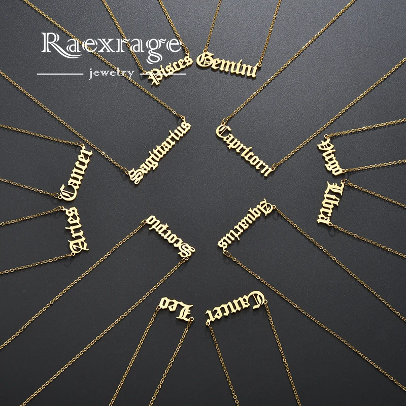 Raexrage Custom Creativity European Necklace Stainless Steel 12 Constellation Zodiac English Letter Alphabet Necklaces for Women