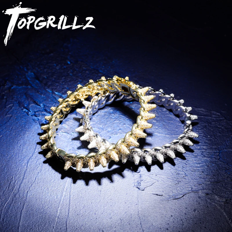 

TOPGRILLZ New Spikes Rivet Bracelets Luxury Iced Out Bling Cubic Zircon Bangles Round Cuban Link Hip Hop Jewelry For Men