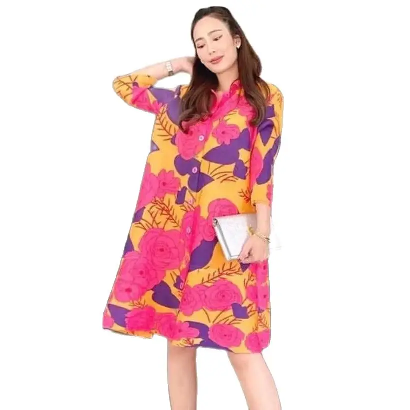 

2023 Miyake Pleated Fashionable Loose Print Dress Cardigan Trench Coat Medium Long Spring New Style