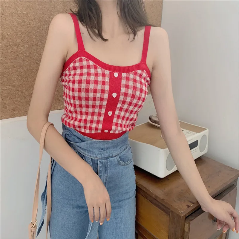 Girl Crop Top Women Plaid Buttons Spaghetti Camis Club Sexy Slim Knitting Female Tank Tops Ladies Sleeveless Solid Simple