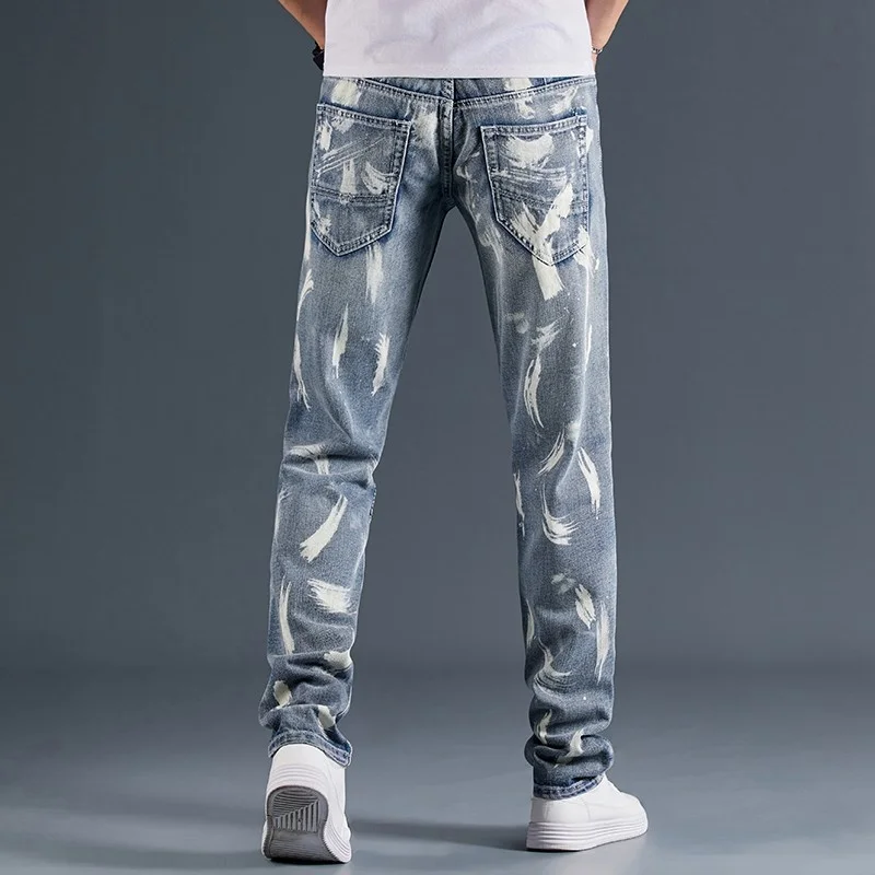 Mens Fashion Hole Ripped Jeans Distressed Printed Vintage Slim Fit Pencil Pants Casual Streetwear Motorcycle Cowboy Denim Pants