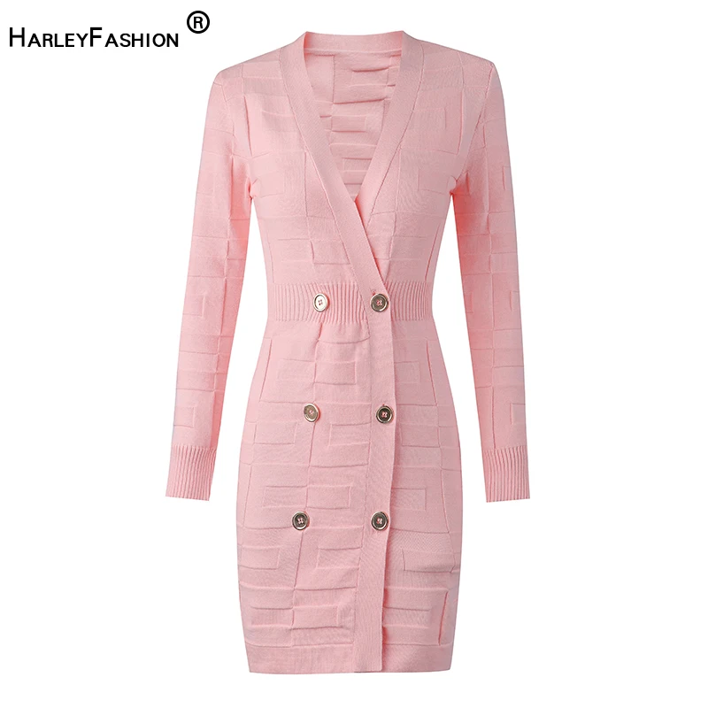 HarleyFashion 2022 New Spring Collection Cotton Knitting Women Pink Dress V-neck Pattern Sweet Design