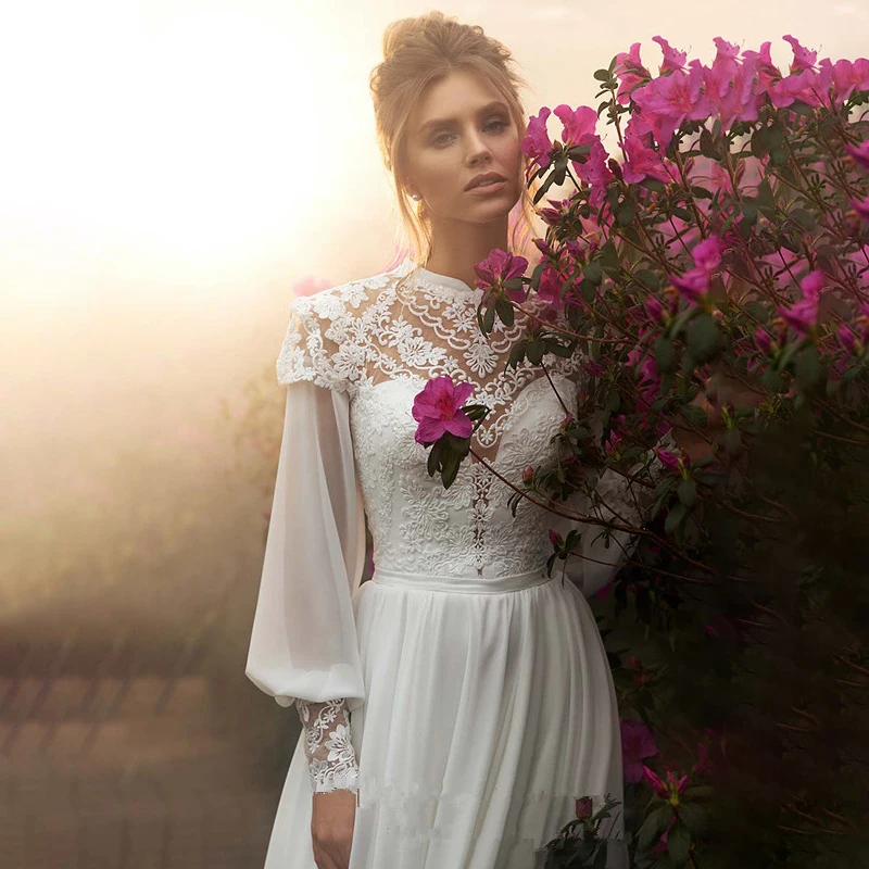 MYYBLE Elegant A Line Lace Boho Wedding Dress Beach Puff Long Sleeves Square Neck Floor Length Garden Chiffon  Bridal Gowns