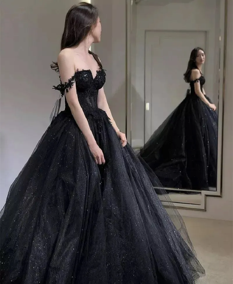 Mulheres fora do ombro A-Line Tulle Lace Applique Backless Prom Dresses, vestidos de noite preto sexy, querida