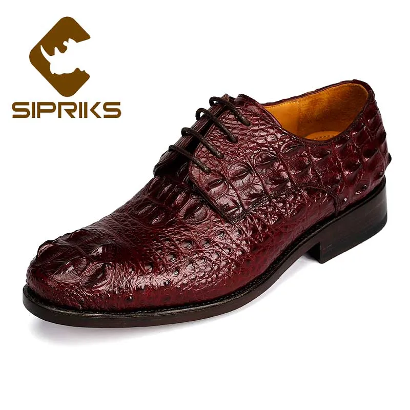 Sipriks Mens Crocodile Skin Leather Shoes Burgundy Lacing Derby Dress Shoes Dark Brown Outdoor Footwear Leather Outsole Shoes 45