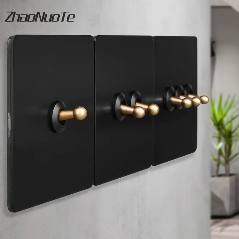 

Brass Lever Wall Toggle Switch 1-4 Gang 2 Way Black Stainless Steel Panel Wall EU Socket