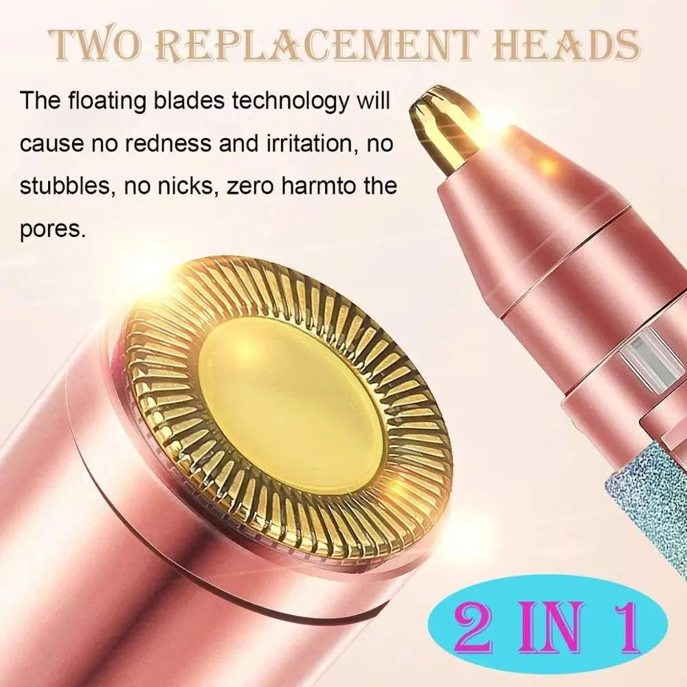 2 IN 1 Facial Hair Remover for Women Eyebrow Trimmer Painless,Portable Lady Shaver With LED Ligh For Peach Fuzz/Lips/Chin/Armpit