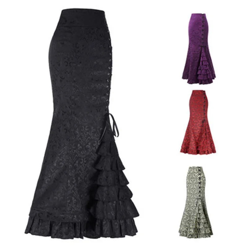 Women Gothic Punk Style Retro Mermaid Skirt Vintage Long Bodycon Ruffle Steampunk Gothic Fishtail Skirt Cosplay Costume Skirts