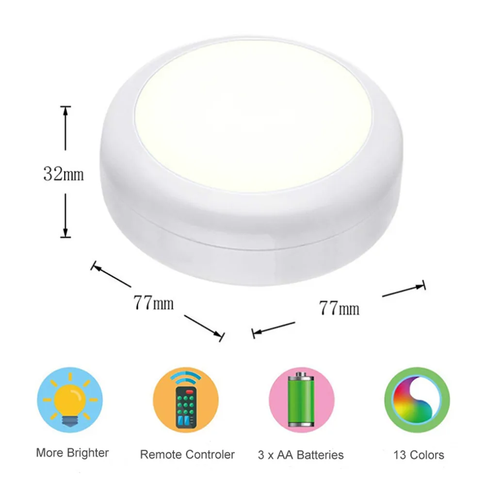 RGB LED Puck Nachtlichter Fernbedienung Dimmbare Unterbauleuchte Batteriebetriebene Kabellose Drucklampe Küche Schrank – Detail 14