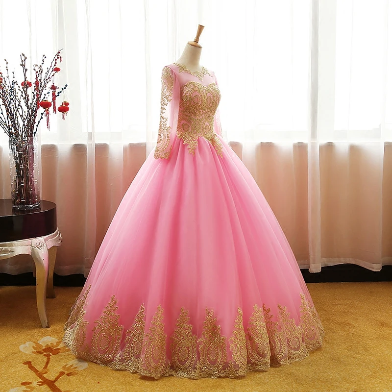 2022 lange Hülse Vintage Spitze Rosa Ballkleid Quinceanera Kleider Vestido De Novia Angepasst Plus Größe Candy Farbe Prom Kleid