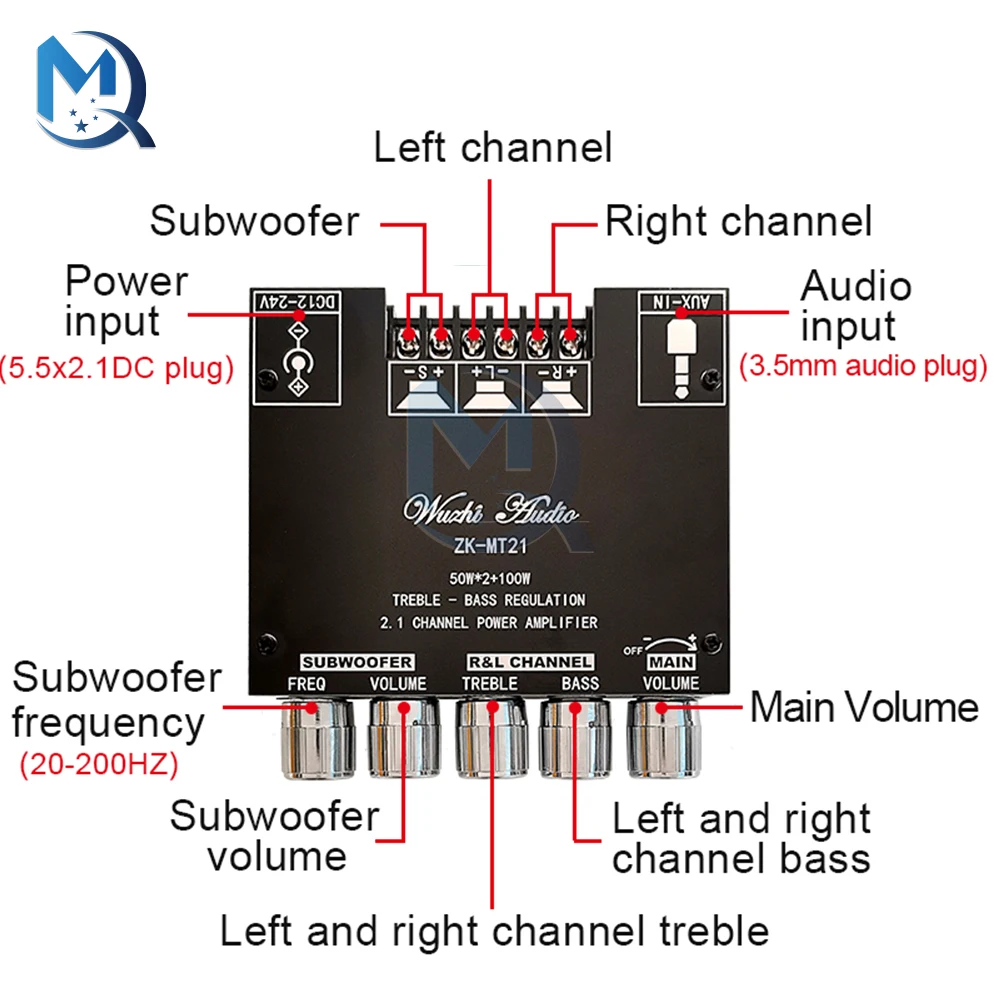 ZK-MT21 Bluetooth 5.0 Subwoofer Amplifier Board 50WX2+100W 2.1 Channel Power Audio Stereo Amplifier Tone Board Bass AMP AUX