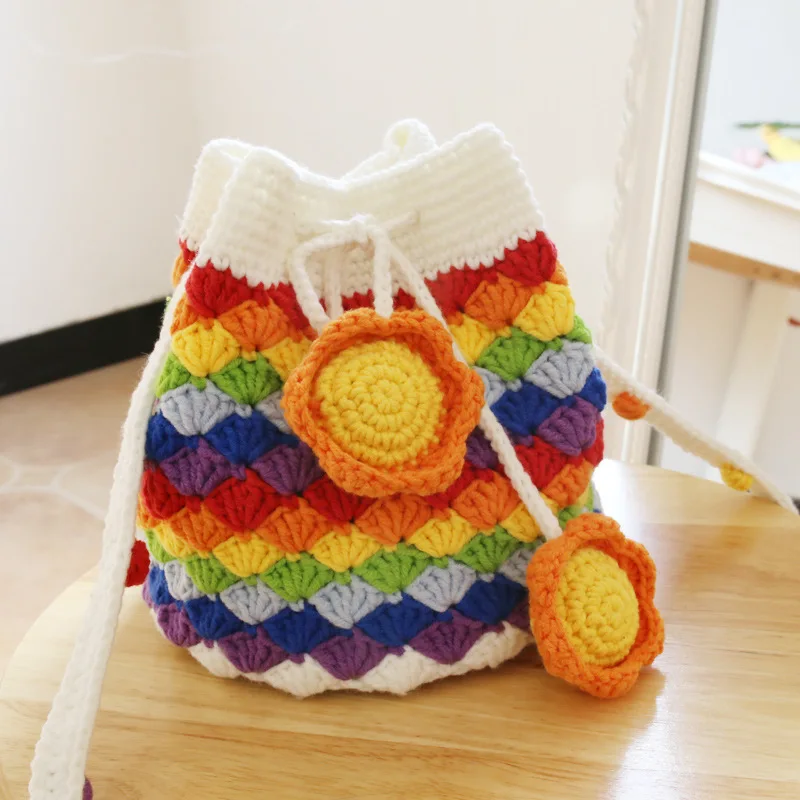 nova mao malha croche arco iris flores mulheres ombro mensageiro bolsa de la fio artesanal borla bolsa de compras 01