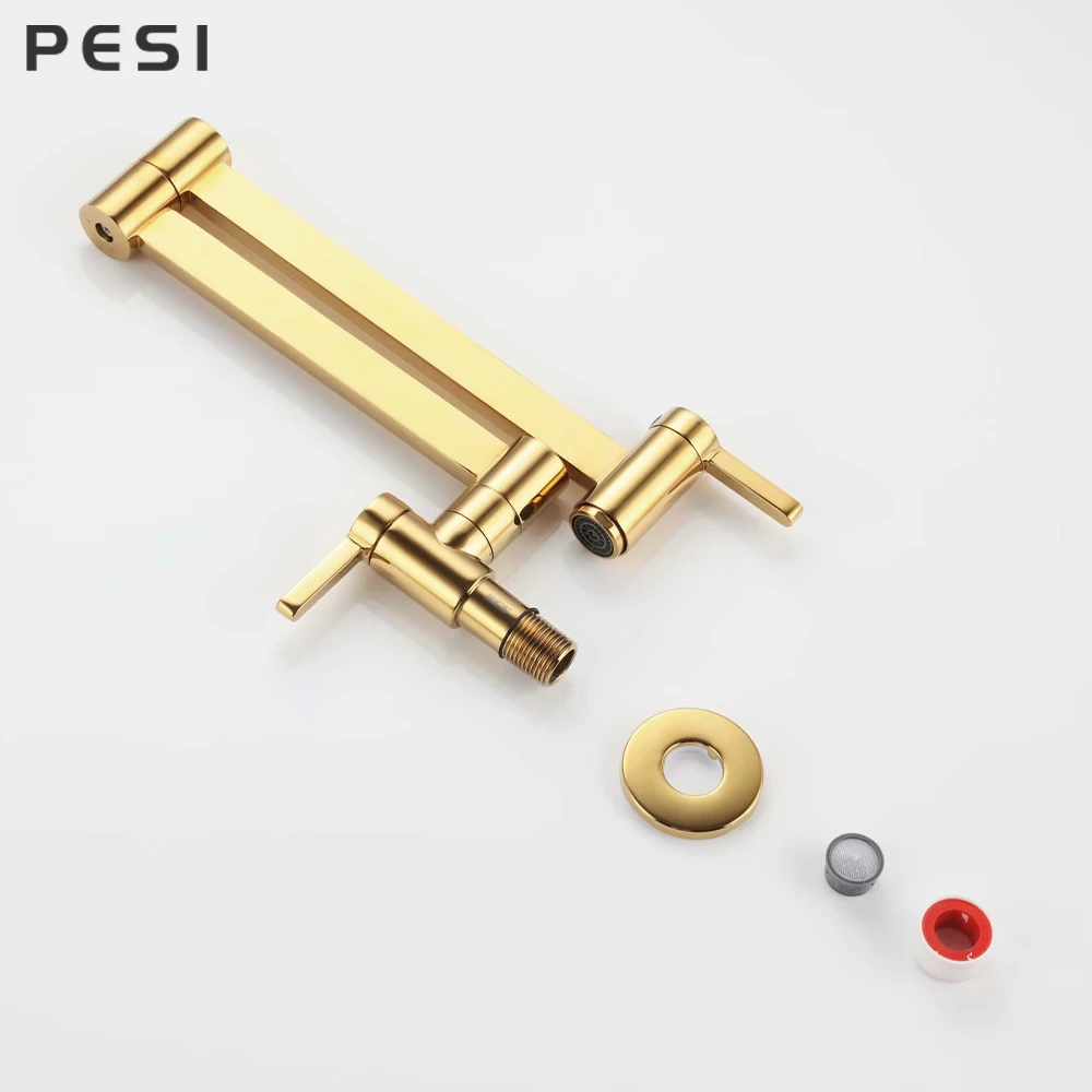 Gold Kitchen Faucet Wall Mounted Foldable Single Cold Single Hole Sink Tap Rotate Folding Spout Chrome Gold Brass Accessorie.