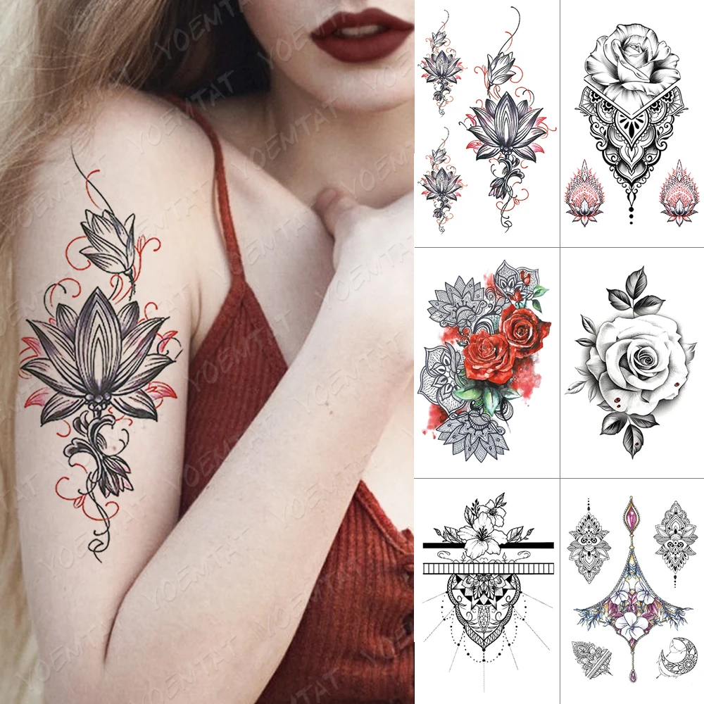 

Geometric Flower Rose Eye Leaves Waterproof Temporary Tattoo Sticker Diamond Peony Black Tattoos Body Art Arm Fake Tatoo