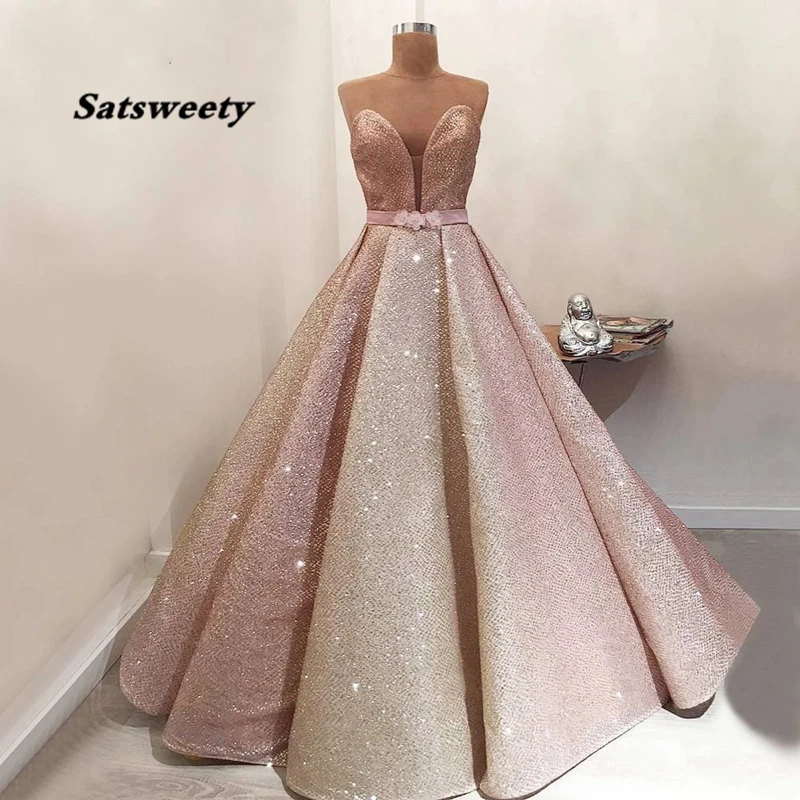 Real Sample Long Glitter Evening Dress Ball Gown Sweetheart Bling Bling Elegant Women Arabic Formal Evening Gowns