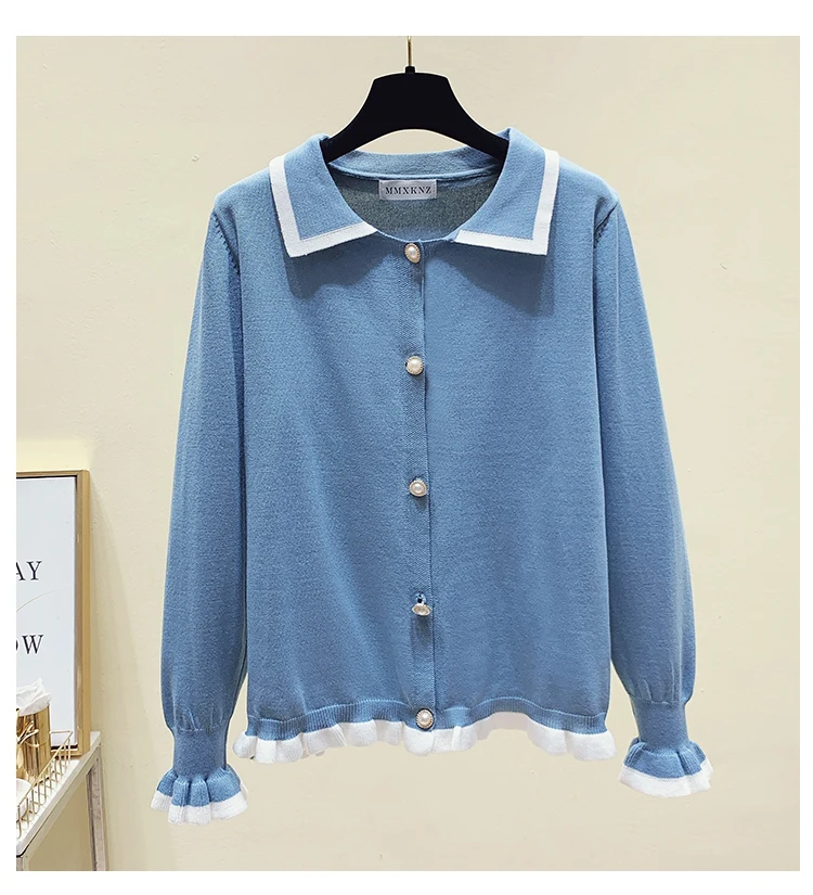 2021 Autumn Winter Cardigan Ruffle Sweater Casual Simple Long Sleeve Turndown Collar Jumpers and Bottom Outerwear Top