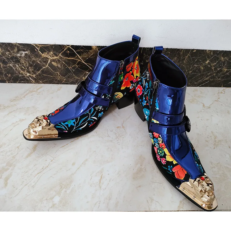 Batzuzhi Luxury Handmade Men\'s Boots Golden Metal Toe Blue Leather Ankle Boots Men Zip Buckles Rock Party and Wedding Botas Shoe