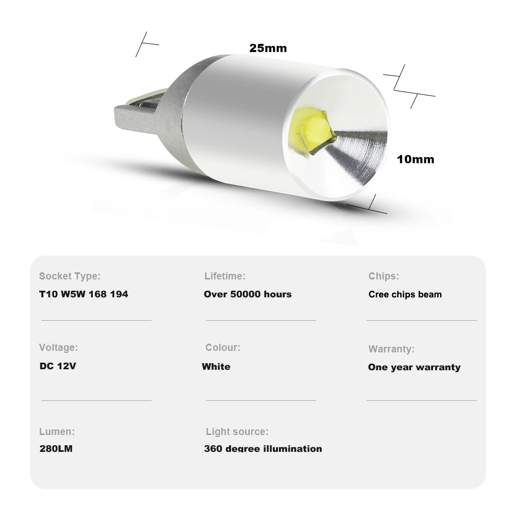NLpearl 2X Signal Lamp T10 Led Canbus CREE Chips W5W Led 194 168 Car Interior Reading Light Auto Wedge Parking Bulb 12V White