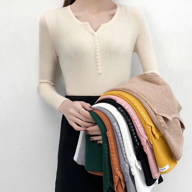 

JMPRS Chic Women Pullover Sweater Autumn Long Sleeve Button Sexy V Neck Knitted Jumper Slim Korean Female Basice Top