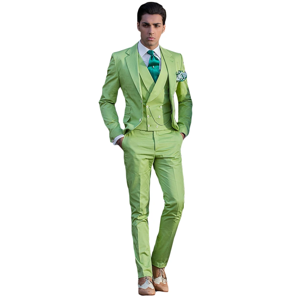 Trajes verdes para hombre, abrigo de tres piezas, pantalones hechos a medida, traje de solapa con visera, traje colorido