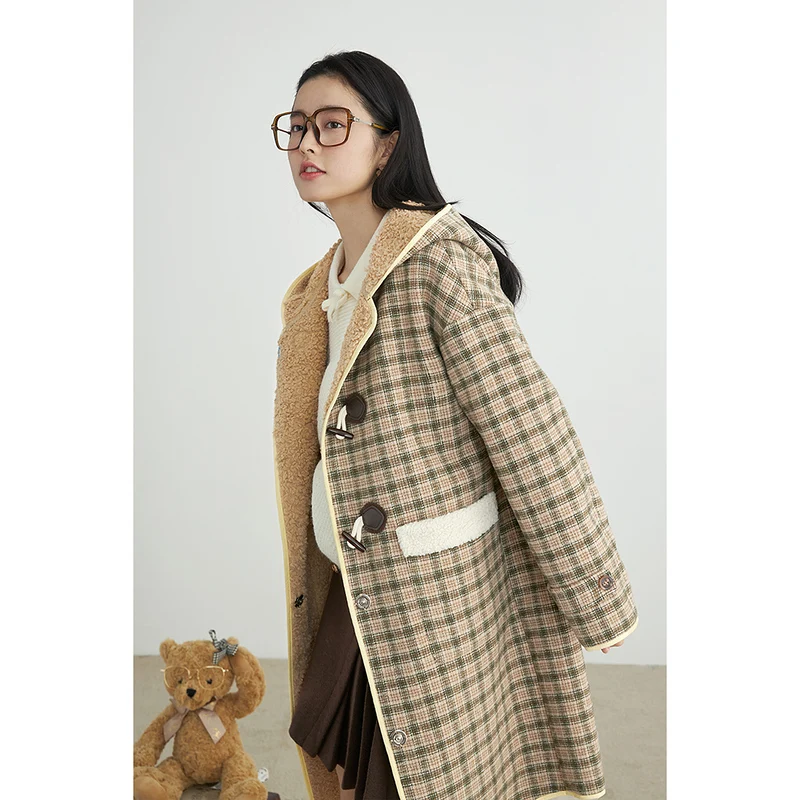 INMAN Women\'s Coat Woolen Winter Coat For Women Casual  Plaid Ox Horn Buttons Lamb Wool Mid-Length Thick Jacket Women