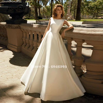 Gelin için özelleştirilmiş lüks saten düğün elbisesi Backless Scoop boyun bir çizgi basit gelinlikler kat uzunluk Vestidos De Vestidos