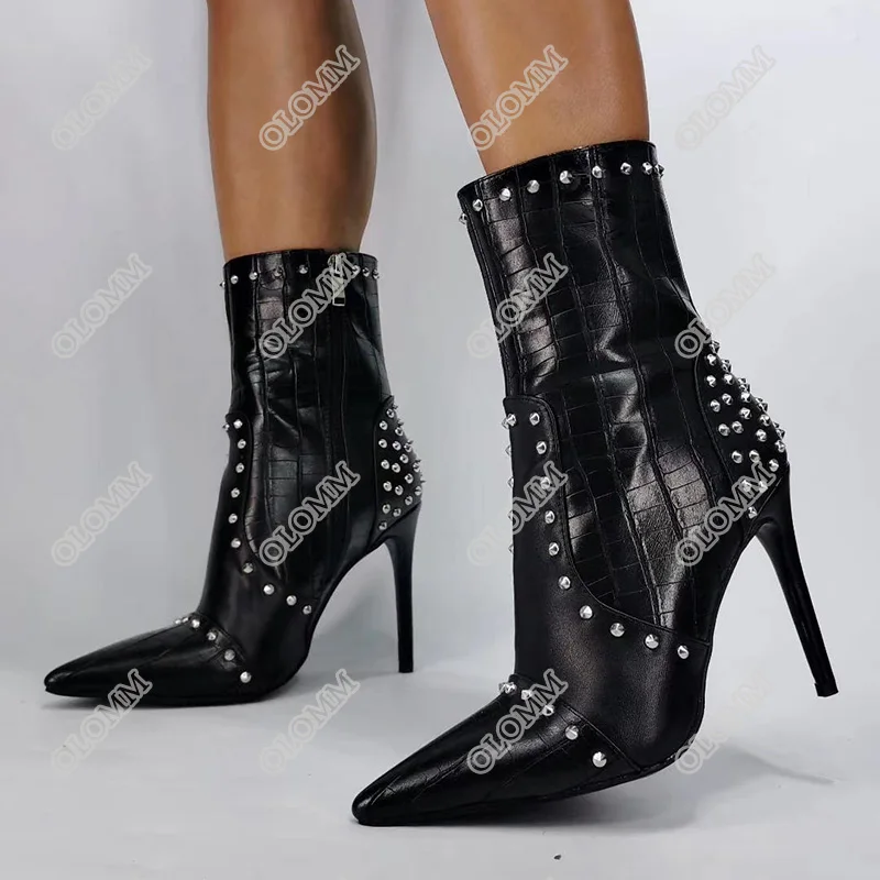 Olomm New Handmade Women Ankle Boots Studded Stiletto Heels Pointed Toe Super Sexy Black Club Wear Shoes Women Plus US Size 5-15