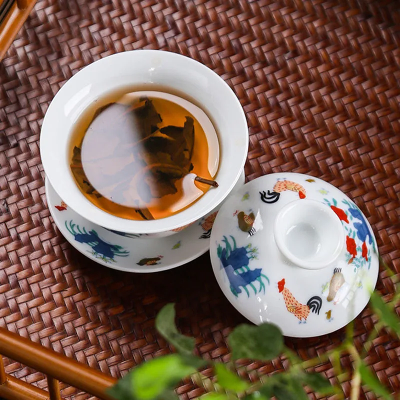 Retro Chicken Bowl Sancai Gaiwan White Porcelain Kungfu Tea Cup Make Tea Tool Ktichen Teaware Drinking Accessories 150ml