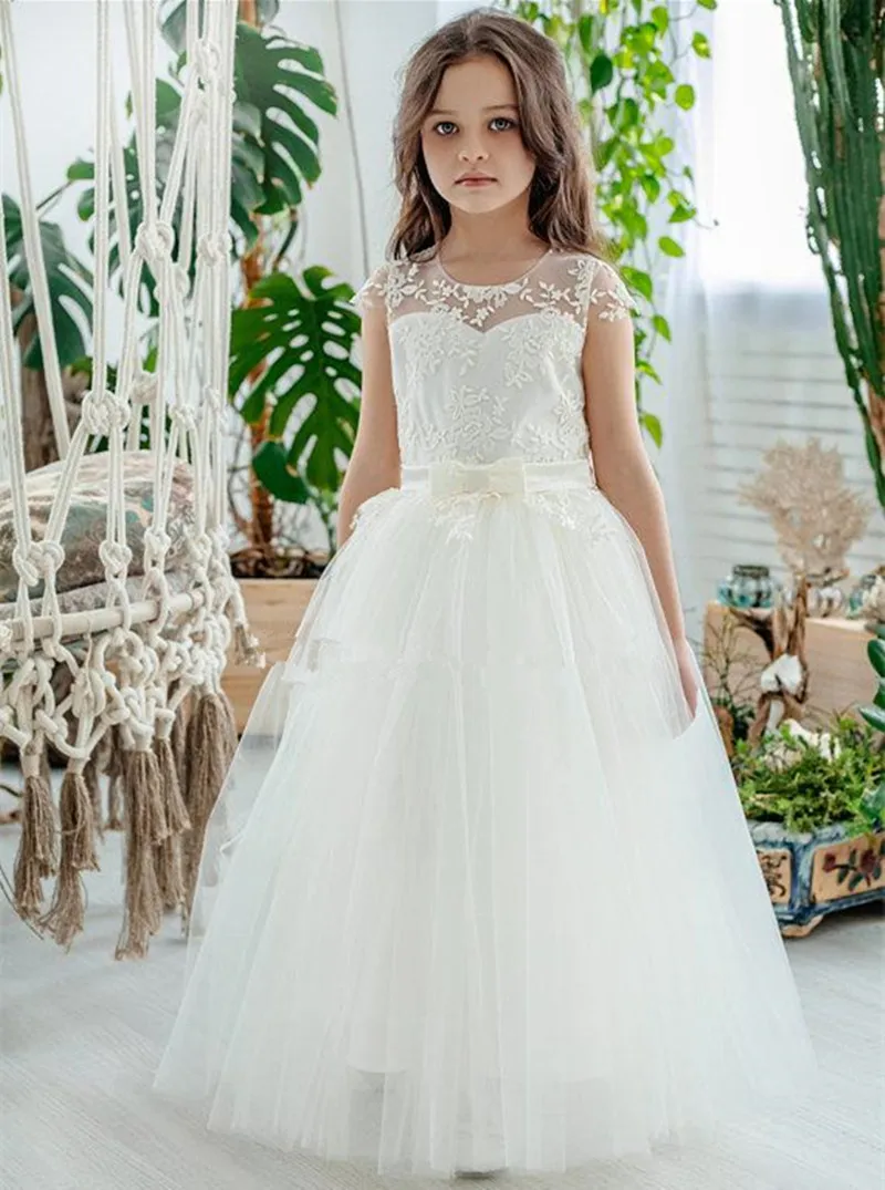 คลาสสิก Tulle ดอกไม้ชุดเด็กผู้หญิงลูกไม้ Appliques ยาวสำหรับงานแต่งงานวันเกิด Ball ชุด First Holy Communion ชุด