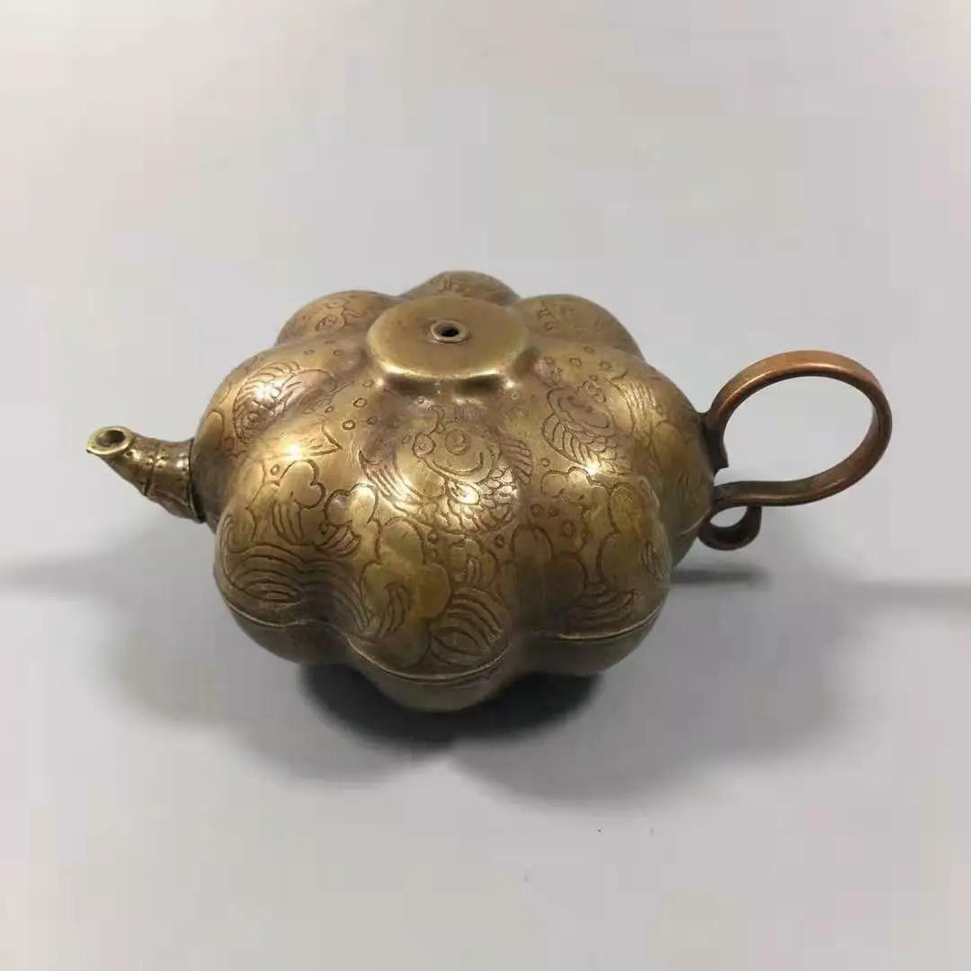 Chinese Style Pure Brass Pumpkin Inkstone Dripping Kettle Calligraphy Supplies Fengshui Decoration