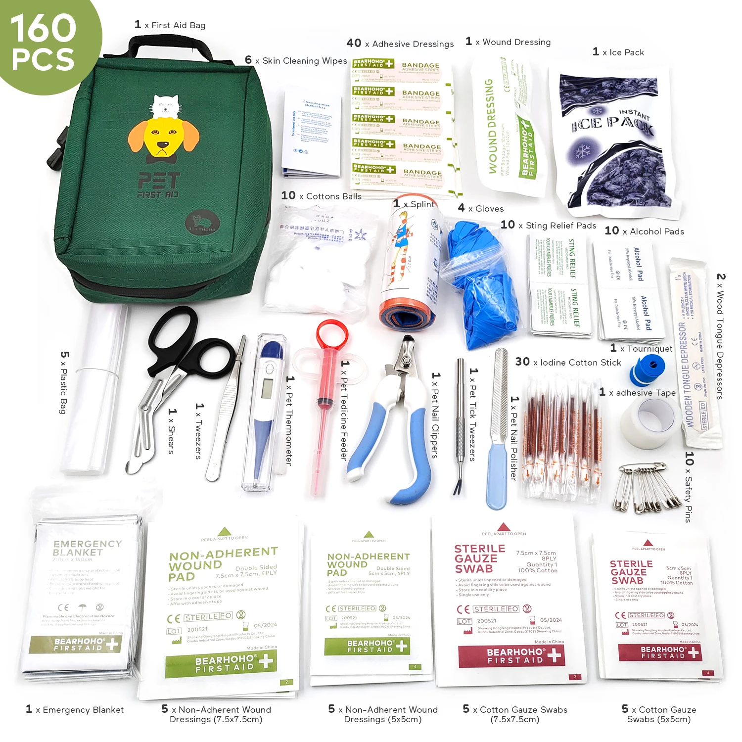 Pet First Aid Kit 160 Pieces Storage Bag 3 Section Military Green Handy Lightweight Emergency Medical Rescue Cat Dog Cure Treat