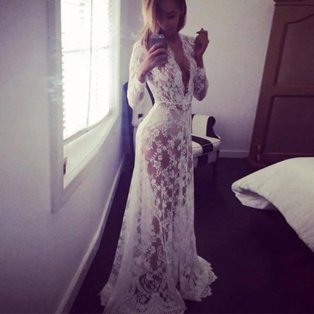 

Women Sexy See Through Party Dress Lace Stitching Slim Gown Formal White Long Maxi Vestidos Deep V-neck Long Sleeves Longuette