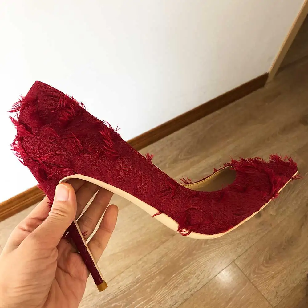 Tikicup Burgundy Women Tassel Fabric Pointed Toe Stiletto Pumps Distressed Extremely High Heel Shoes for Ladies 8cm 10cm 12cm