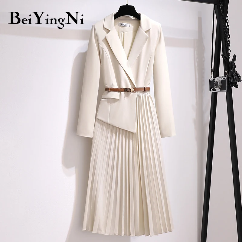 Beiyingni Dres Women With Belt Elegant Work Wear V-neck Office Ladies Pleated Long Sleeve Suit Dresses Luxury Oversized Vestidos