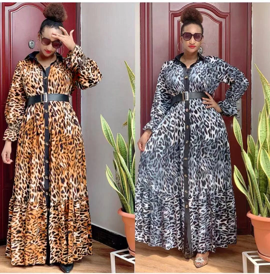 

African Dresses For women 2024 New Spring Leopard Long Sleeve Plus Size Button Casual Dress Ladies Africa Clothing Vestidos