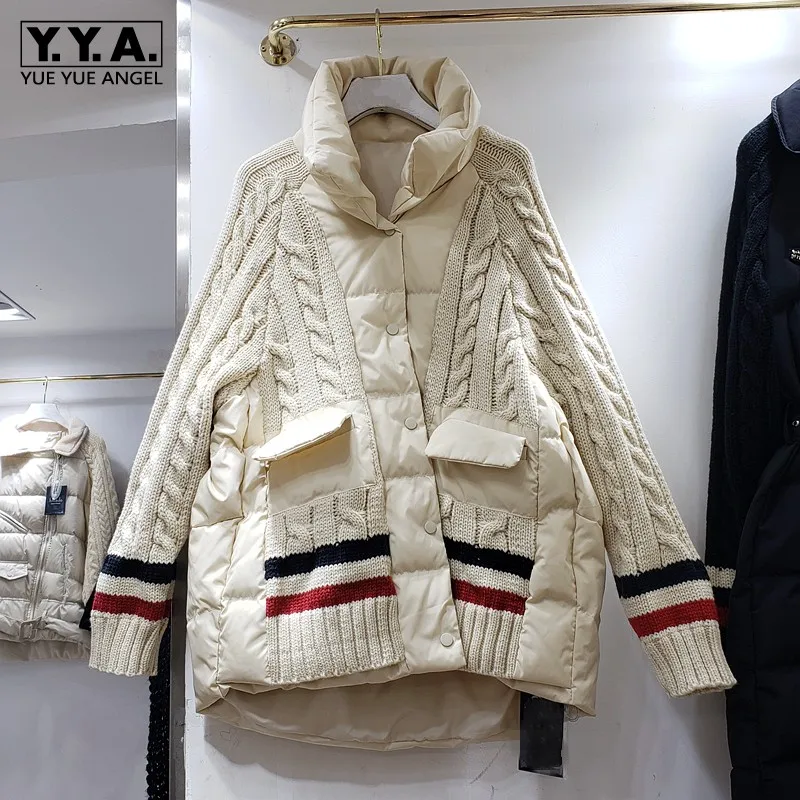 Knitting Patchwork Woman Down Coat New Fake Two Piece Thickening Women Jackets Single-Breasted Pockets Fashion Female Winter