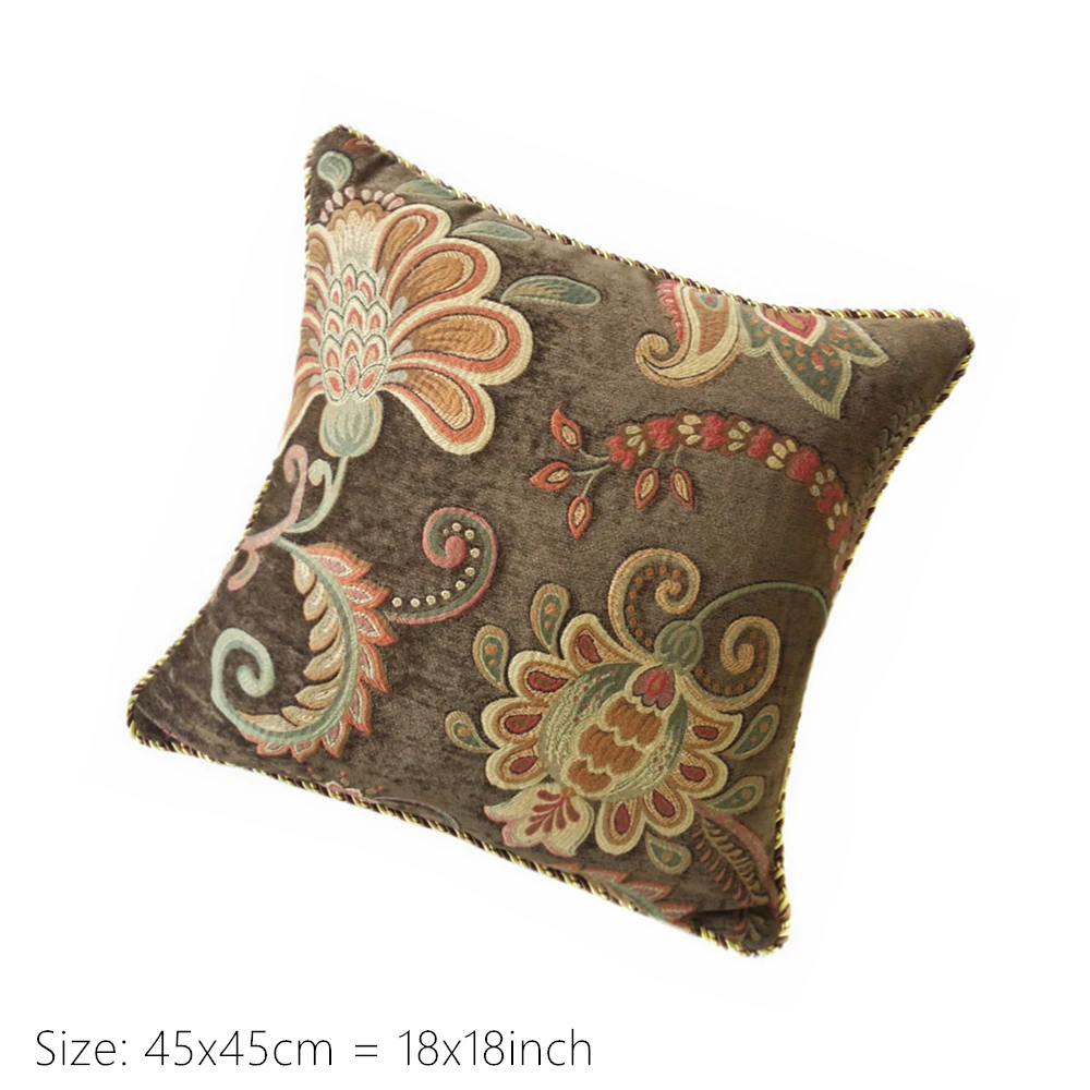 Deluxe High Quality Soft Brown Floral Jacquard Woven Chenille Pillow Case Decorative Cushion Cover 45x45 cm Rope Pipping Pillows