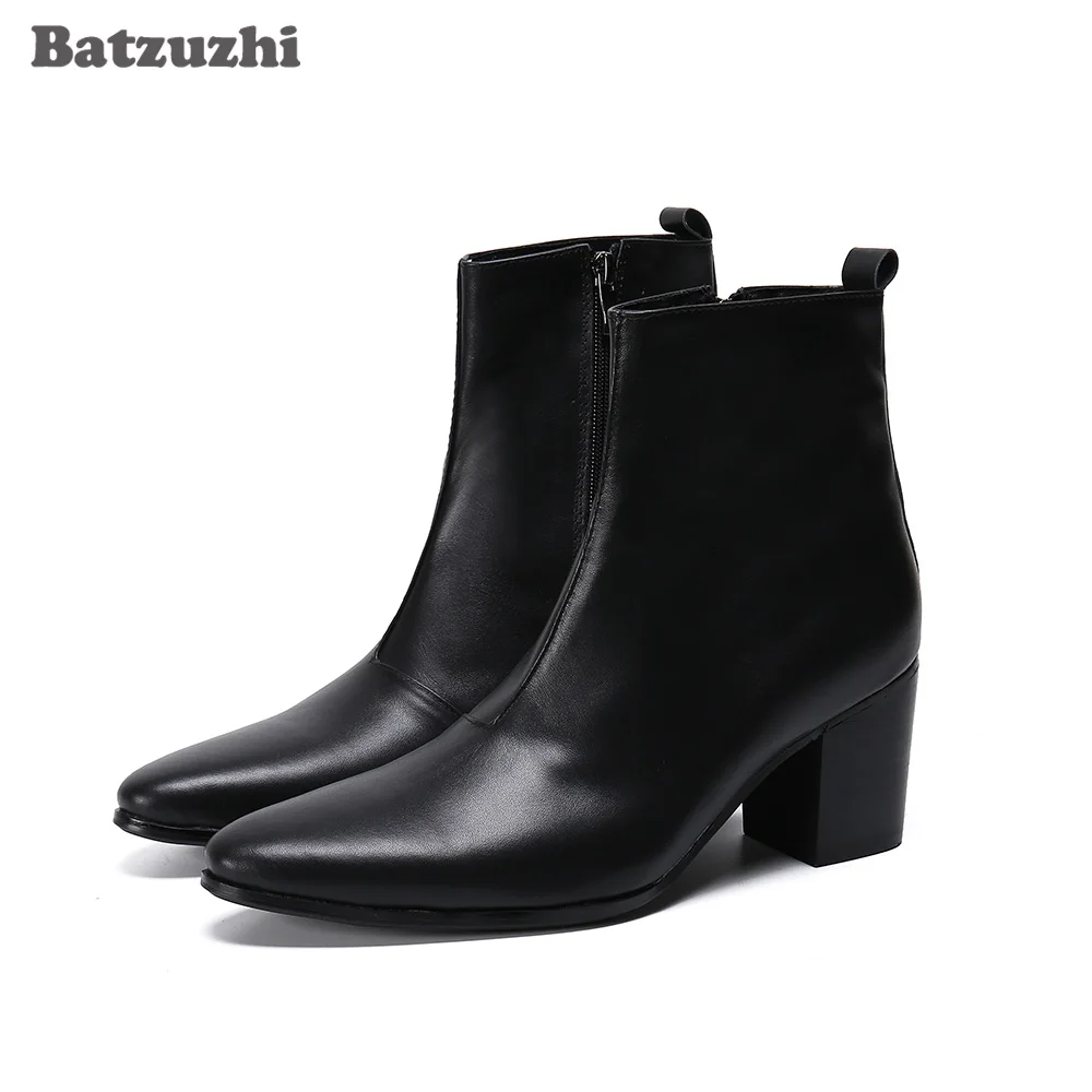 Batzuzhi 7.5cm High Heels Formal Black Leather Boots Men Pointed Toe Men's Boots Business Gentleman botas hombre Party Boots Men