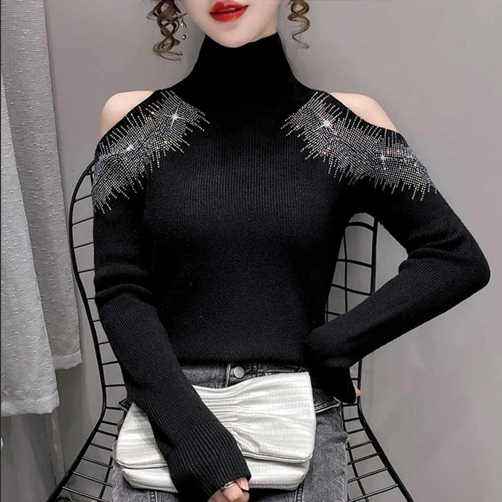 2022 Autumn Winter Turtleneck Sweater Pullovers  Hot drilling Off-shoulder Sexy Women Long Sleeve Knitted Top