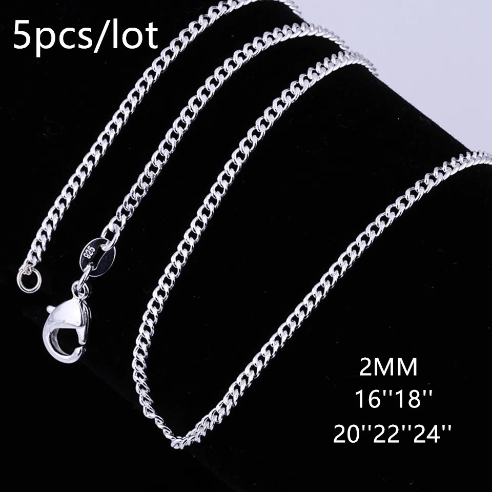 5pcs/lot New 925 Sterling Silver 2mm Classic Curb Chain Necklace For Women Men's Fashion Side Chain Bijoux