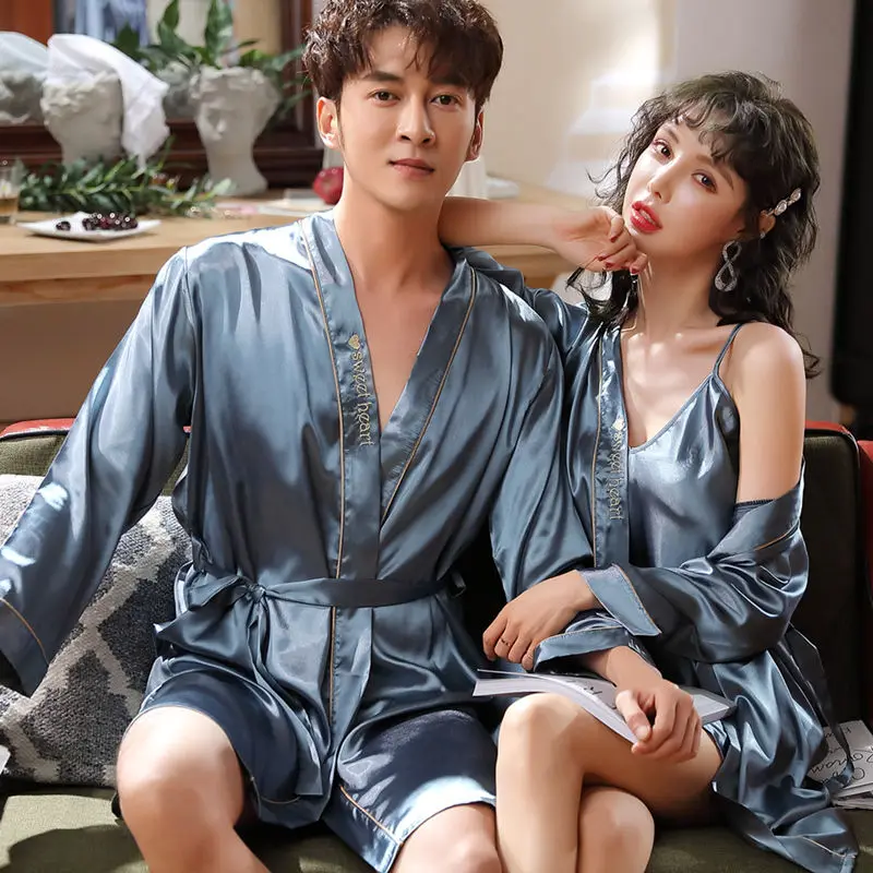 Champagne Men Silk Kimono Bathrobe Gown Lovers Couple Wedding Nightwear Silk Home Clothing Soft Robe Gown Sleepwear Women