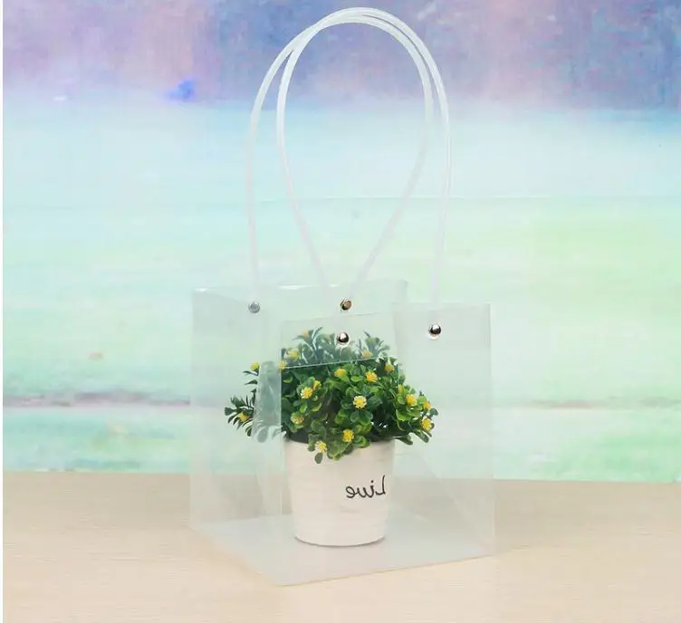 Transparent Square Bags with Pvc Rope Flower Gift Packing Shopping Boutique Carrier Soft Pvc Handle Pounch Wholesale