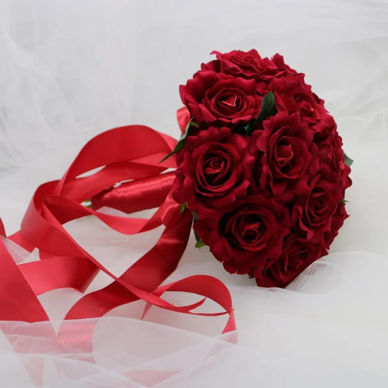 Cheap Burgundy Roses Bouquet Red Round Bouquet of roses with real touch Ribbon Handle with Bow Ceremonie laique mariage