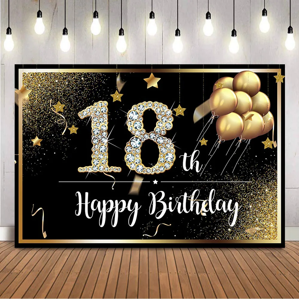 

18th Happy Birthday Backdrop Gold Glitter Party Balloons Background for Photo Studio Eighteen Sprinkle Shining Dots Photocall